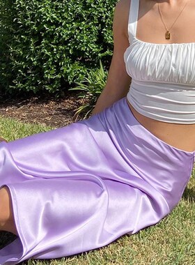 极速Mnealways18 Solid Purple Satin Silk Skirt Women XHigh Wa
