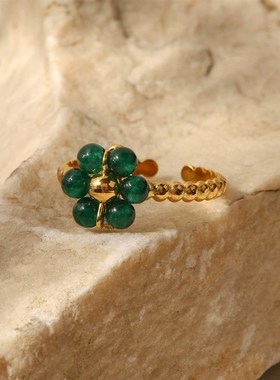 极速欧美风新款摩登女性气v质百搭钛钢戒指绿色天然石向日葵可调