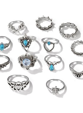 极速13pcs set rings women 复古关节戒指套装乌T龟镂空链花戒指1