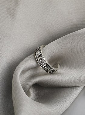 极速Vintage Ring做旧复古星星月亮开口N关节戒指暗黑冷淡风食指