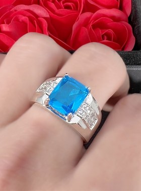 极速气质海蓝宝石蓝锆石戒指 时尚镶嵌长方O钻海蓝托帕石戒指订婚