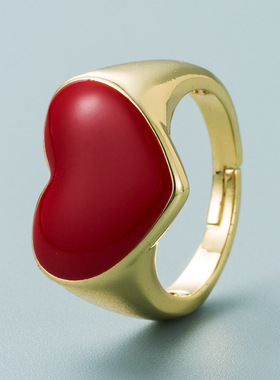 极速跨境欧美个性红色黑色大号爱心戒指女铜镀P金滴油开口嘻哈戒