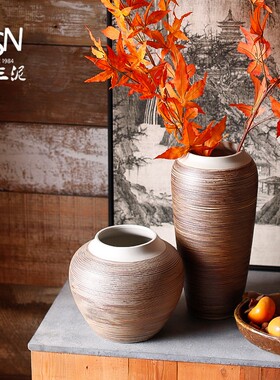 新品御三泥简约现代插鲜花新中式复古陶瓷台O面干花瓶罐装饰摆件