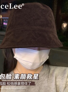 FaceLee日本设计师联名款翻毛皮渔夫帽女秋季大头围水桶帽前长后