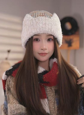 可爱小猫翻边耳朵针织帽子女2026秋冬季新款时尚百搭护耳帽大头围