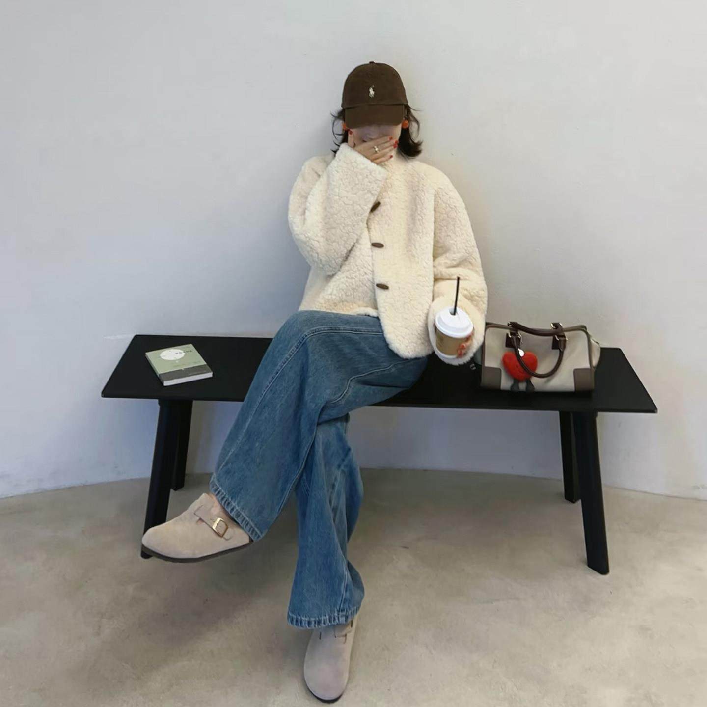 米色小香风洋气立领短呢子大衣女秋冬季时尚减龄牛角扣圈圈毛外套,淘宝优惠券,粉丝福利购,淘宝优惠卷