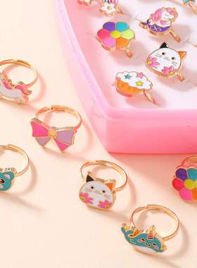 新款卡通儿童戒指环公主女孩水钻抓夹可爱手饰爱心礼盒装