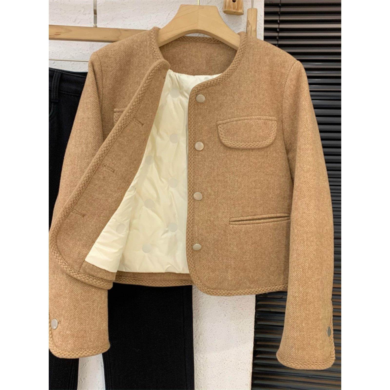 紫色小香风外套女短款2025冬季新款气质名媛加厚羽绒内胆毛呢西装,淘宝优惠券,粉丝福利购,淘宝优惠卷