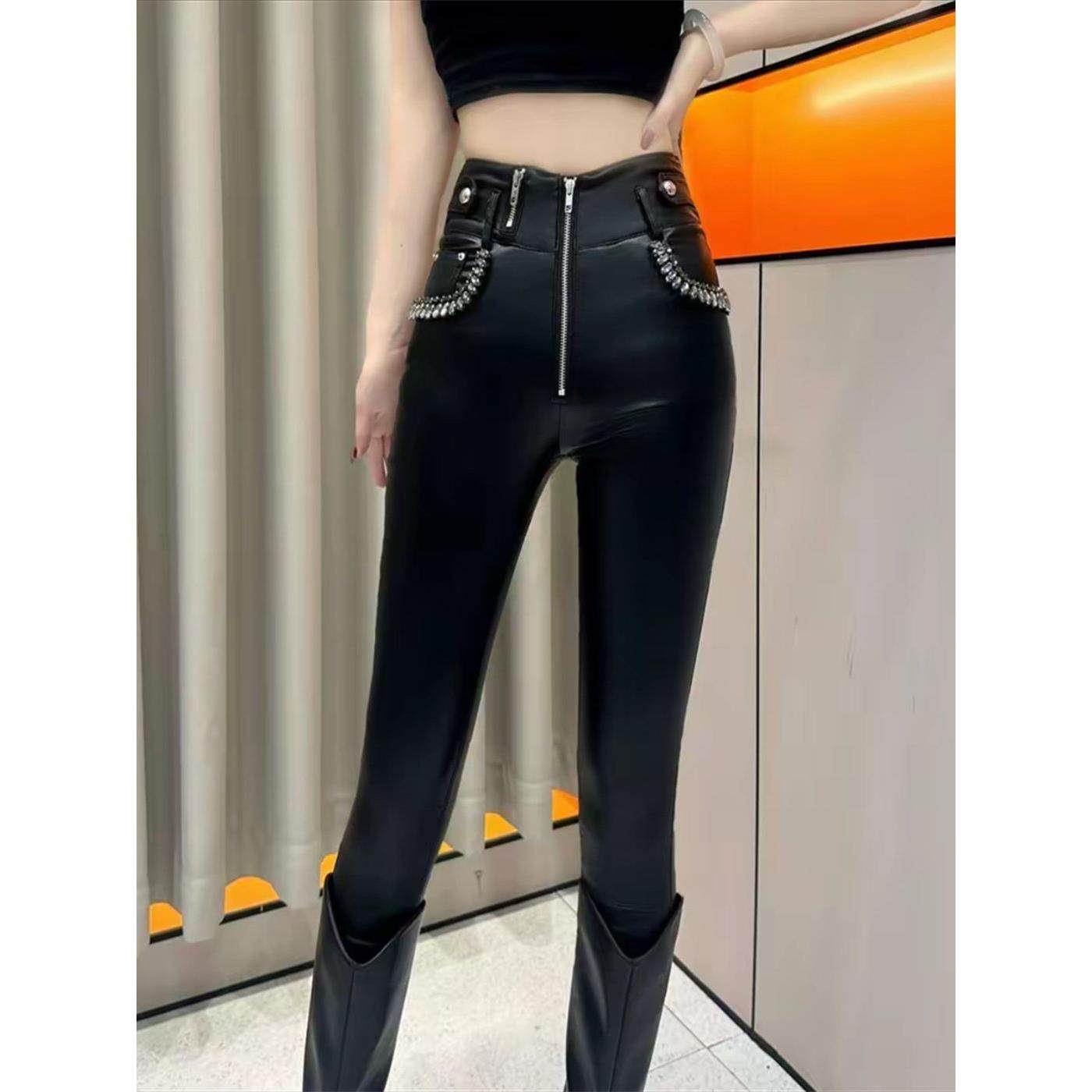 秋冬韩版修身弹力高腰磨毛带钻显瘦亮皮裤小脚铅笔裤,淘宝优惠券,粉丝福利购,淘宝优惠卷