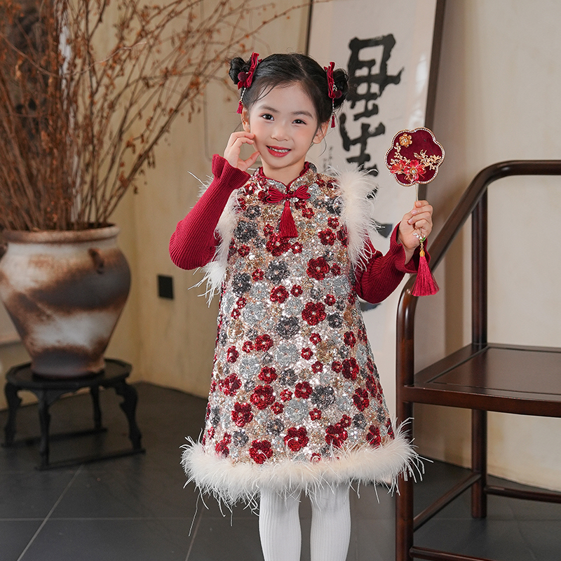 80889女童连衣裙高级感重工设计驼鸟毛立体珠绣亮片旗袍裙背心裙 - 图2