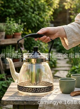 空盒子耐热玻璃茶壶加厚带滤网 明火直烧煮茶壶 中式回纹泡茶壶