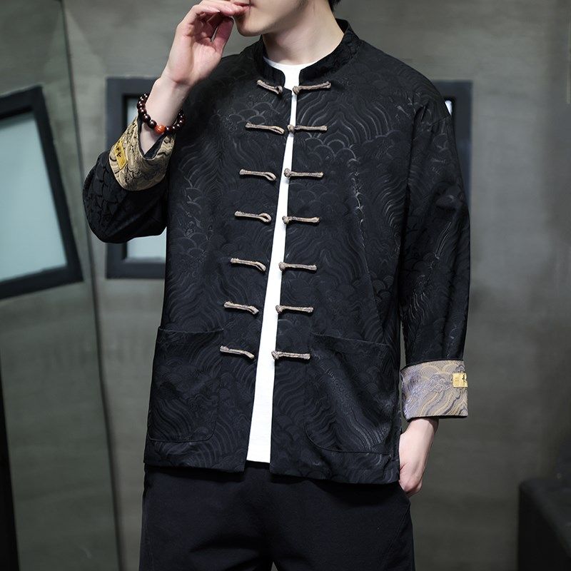 中国风春夏水波纹暗纹提花唐装男衬衫中式盘扣绸缎高品质长袖茶服,淘宝优惠券,粉丝福利购,淘宝优惠卷
