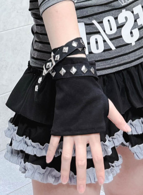 儿童黑色铆钉链条手链手套Y2K辣妹绑带手袖套少女街舞爵士舞配饰