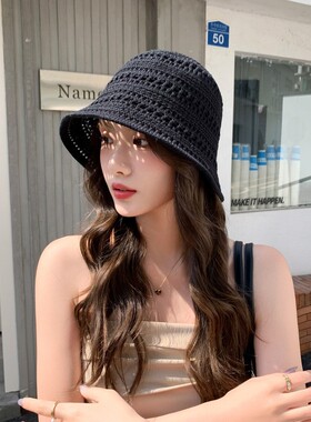 春夏镂空针织水桶帽子女透气遮阳帽户外百搭渔夫帽休闲海边太阳帽