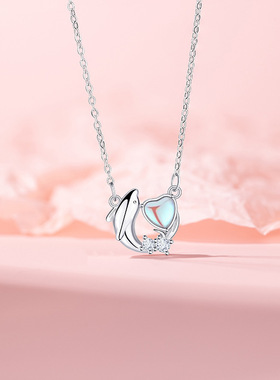 原创夏日海岛系列海豚项链女轻奢小众渐变爱心不锈钢锁骨链