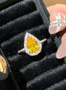 贵气感水滴黄钻戒指女轻奢高级感开口素圈戒指女小众设计尾戒指