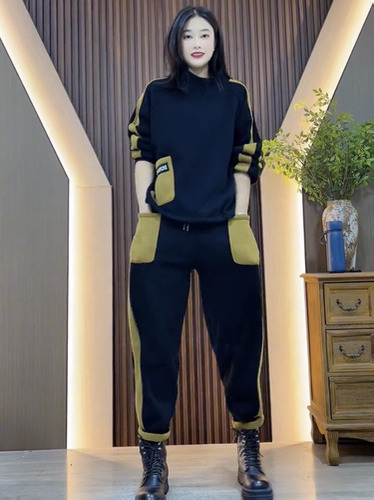 休闲运动加绒套装2025秋冬新款女装欧货卫衣卫裤两件套舒适保暖 - 图0