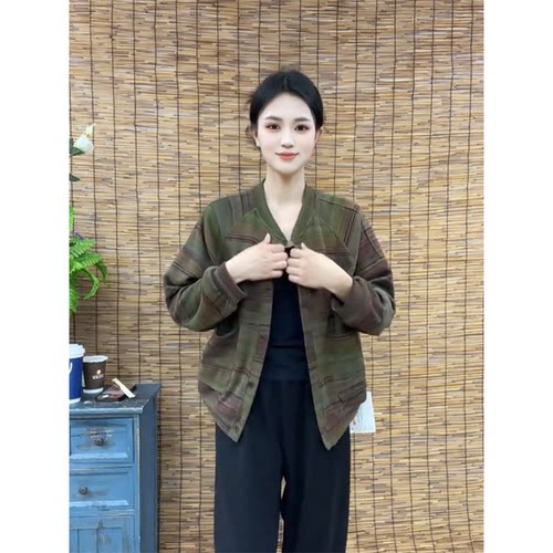 2026春秋季新款时尚休闲条纹印花开衫上衣宽松长袖棒球领外套女潮 - 图0