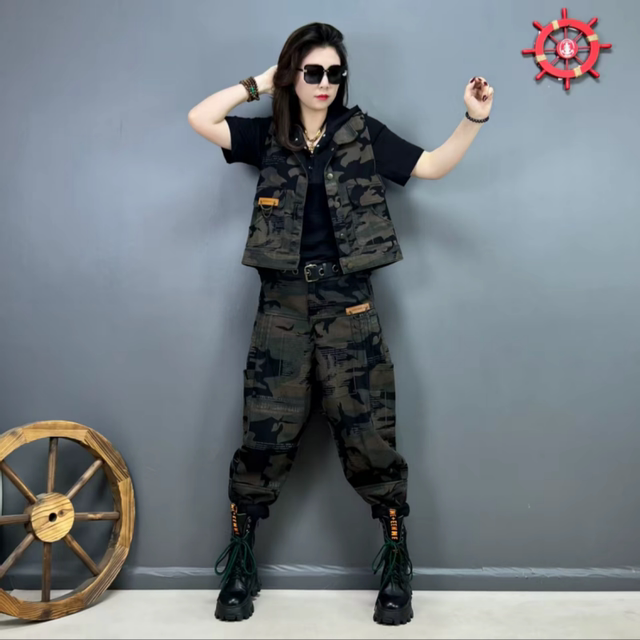ໂສ້ງ Harem pants floral camouflage vest denim suit