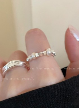 珍珠碎银子不规则戒指女小众设计轻奢高级感食指戒冷淡风胖手指环