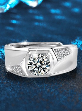 亮面925银莫桑石戒指男款1克拉钻戒个性大气商务宽版男士戒指