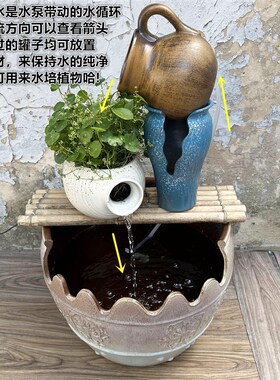 手工陶艺落地流水景观组合陶罐花园庭院古法养鱼无孔切口鼓形大缸