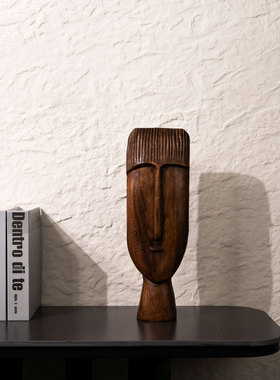 东南亚进口北欧美式乡村桌面装饰创意摆件手工实木雕人面像