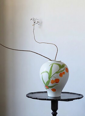 原创孤品手绘宫灯百合陶瓷花瓶小众设计客厅插花摆件治愈干花花器