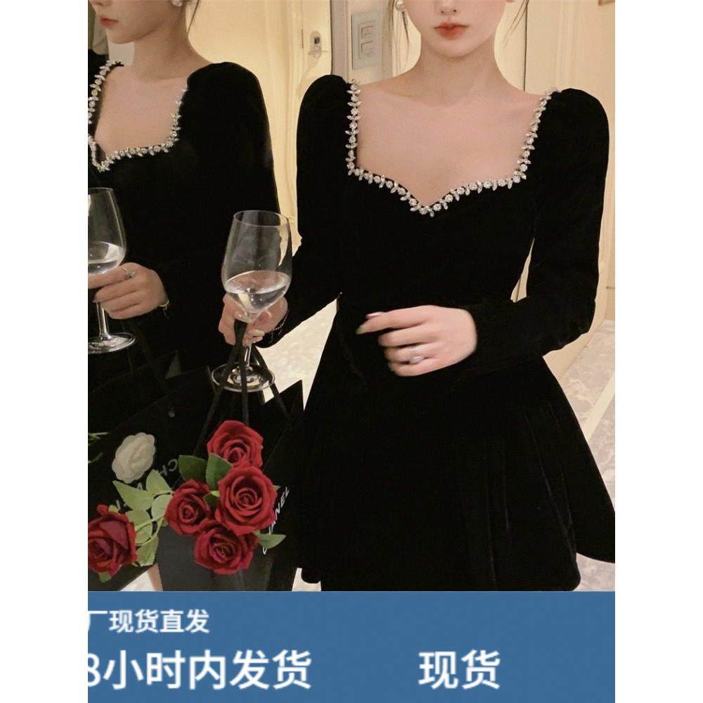 法式高级感黑色丝绒抹胸连衣裙女秋季性感生日礼服公主蓬蓬短裙子,淘宝优惠券,粉丝福利购,淘宝优惠卷