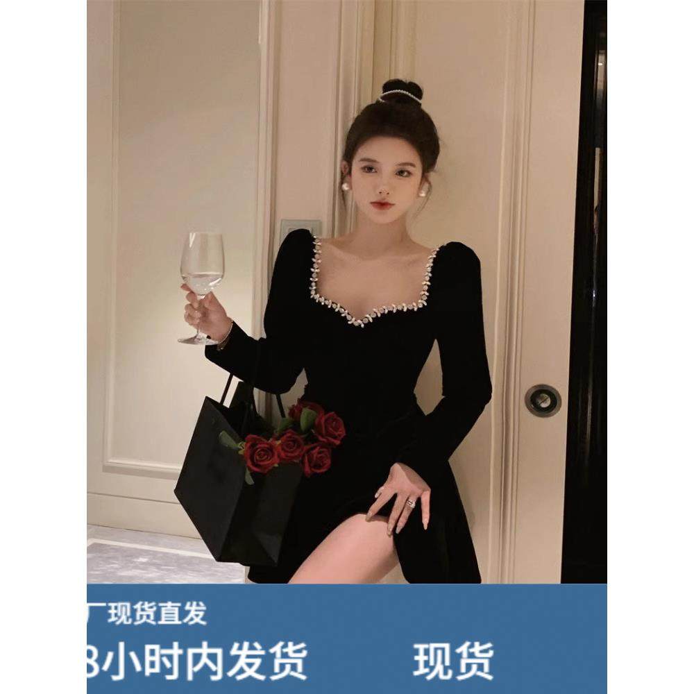 法式高级感黑色丝绒抹胸连衣裙女秋季性感生日礼服公主蓬蓬短裙子,淘宝优惠券,粉丝福利购,淘宝优惠卷