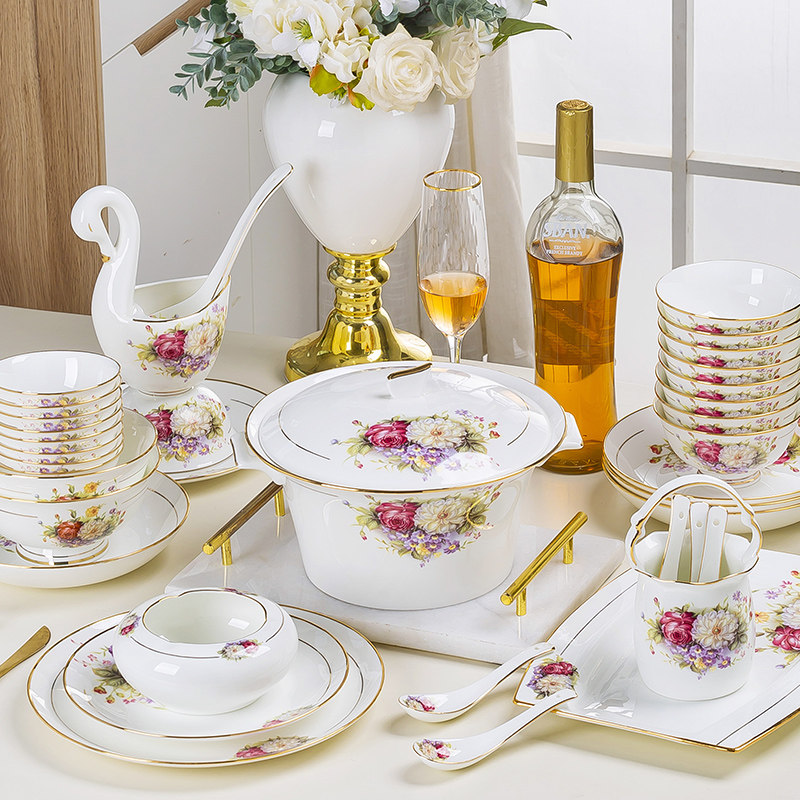 碗碟套装家用景德镇中式高级感陶瓷碗盘组合结婚乔迁高档骨瓷餐具