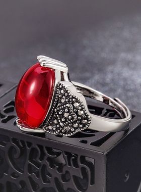 钻石之乡河南商丘欧美黑矿石泰银款红石榴石碧玉髓活口钻戒a2911