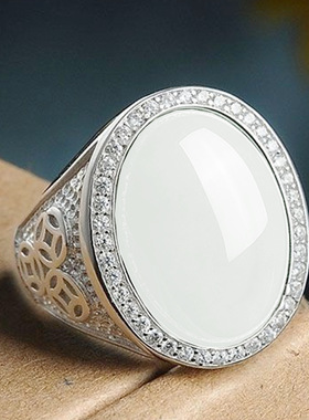 钻石之乡河南商丘镀白金大椭圆形蛋面白玉钱币戒指 仿和田玉a2925