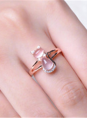 钻石之乡河南商丘wish玫瑰金猫戒指女天然粉水晶猫咪芙蓉宝a2659