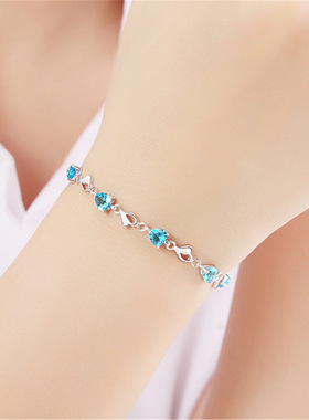 钻石之乡河南商丘韩版时尚银饰品水晶天蓝钻锆石爱心手链女a2374