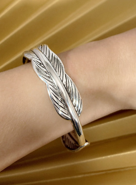 钻石之乡河南商丘花叶泰银黑羽毛手镯 日韩版个性潮箭头树叶a2441