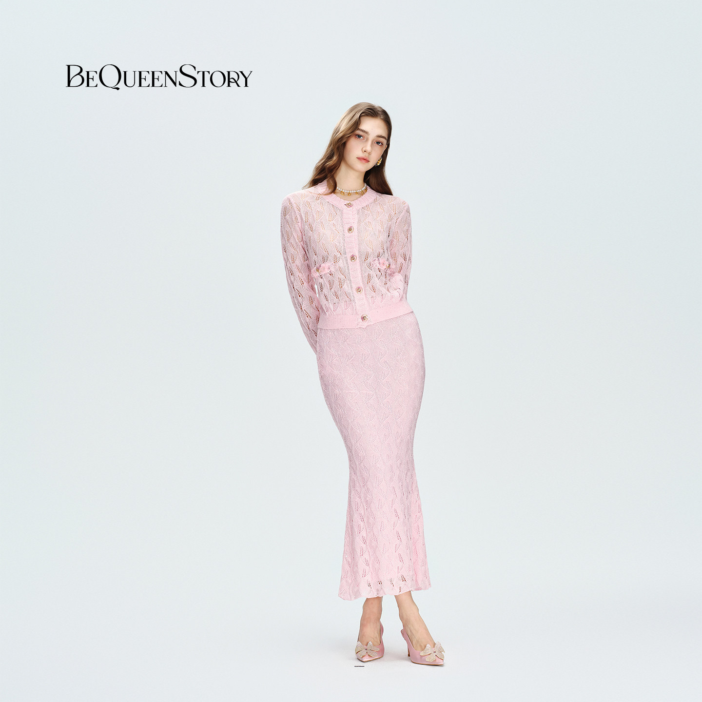 BeQueenStory2025春夏新款柔雾粉镂空亮片针织鱼尾半身裙长裙,淘宝优惠券,粉丝福利购,淘宝优惠卷