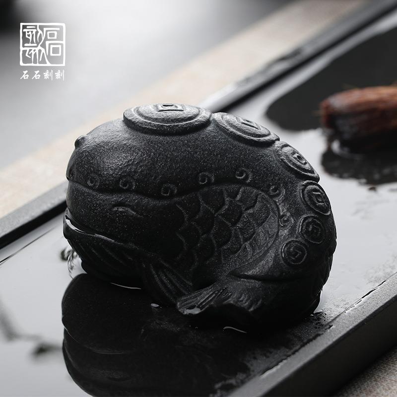 石石刻刻创意手工乌金石头茶宠摆件精品可养招财茶艺茶趣茶台饰品 - 图0