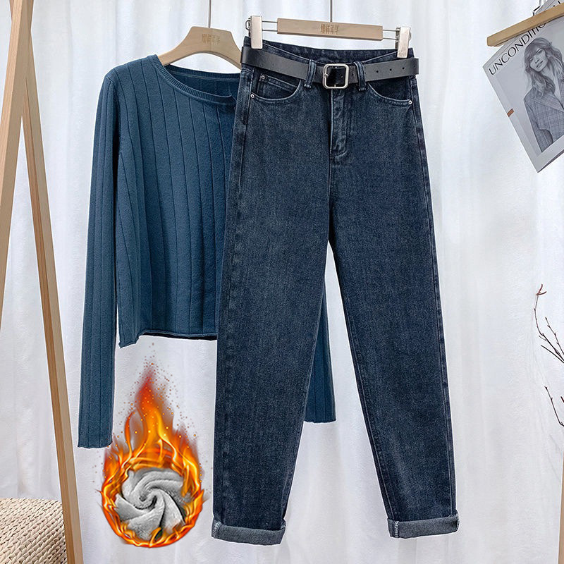 冬季加绒牛仔裤高腰显瘦显高小脚铅笔裤