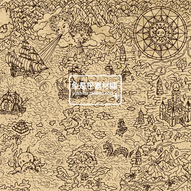中世纪复古航海背景墙地图装饰AI矢量设计纹理底纹绘画参考素材图 - 图1