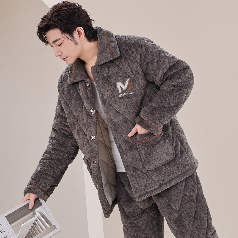 男士睡衣冬季加绒加厚三层夹棉法兰绒家居服套装珊瑚绒保暖秋冬款,淘宝优惠券,粉丝福利购,淘宝优惠卷