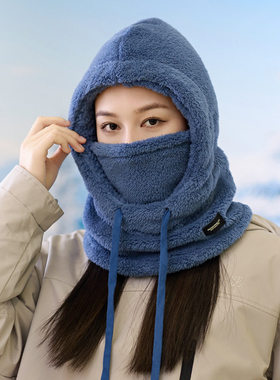 围脖口罩一体帽子女冬季加绒加厚套头帽护耳防风棉帽骑车保暖神器