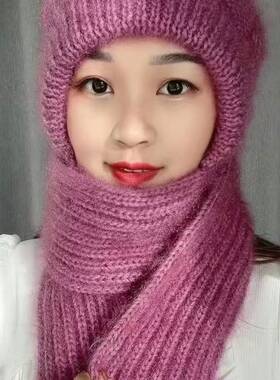 帽子围巾一体加绒加厚风雪帽秋冬新款松鼠绒毛线编织女保暖网红帽