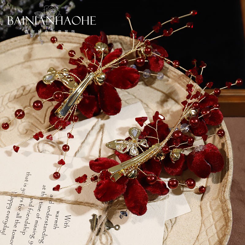 新款酒红色丝绒花朵水晶边夹新娘结婚头饰百搭礼服敬酒服旗袍发夹 - 图3