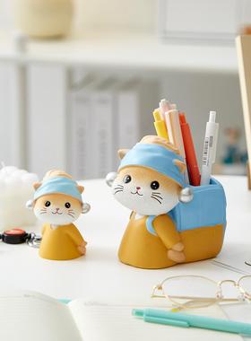 可爱的猫笔筒装饰办公室工作站桌面装饰学生实用存储生日礼物的女