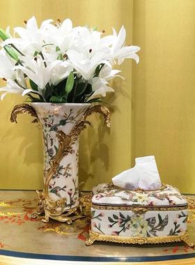 促销陶瓷配铜纸巾盒 装饰花插 瓷配铜镶铜相框果碗手绘描金台灯