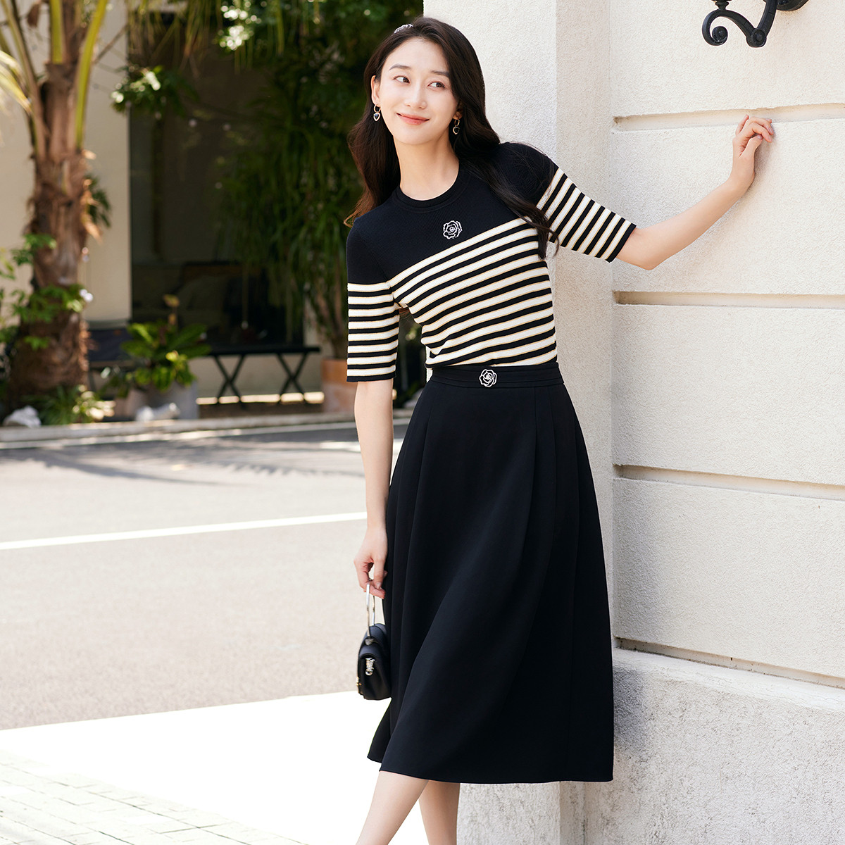 【桑蚕丝】珂莱蒂尔商场同款女装夏季条纹针织衫气质通勤百搭上衣