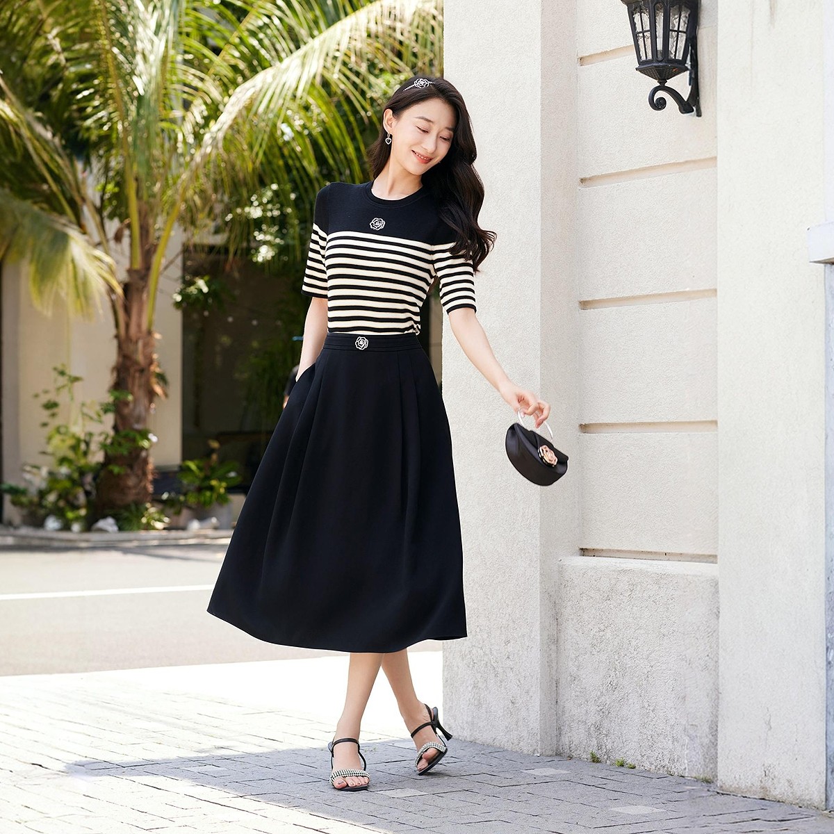 【桑蚕丝】珂莱蒂尔商场同款女装夏季条纹针织衫气质通勤百搭上衣