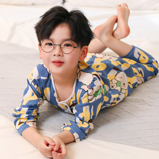 Children's cotton silk pajamas boys summer thin long-sleeved silk cartoon children and girls home clothes baby air conditioning clothes