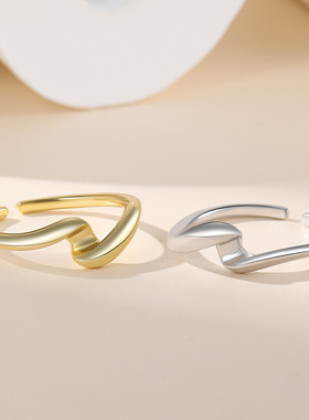 S925银不规则水波纹开口戒指女